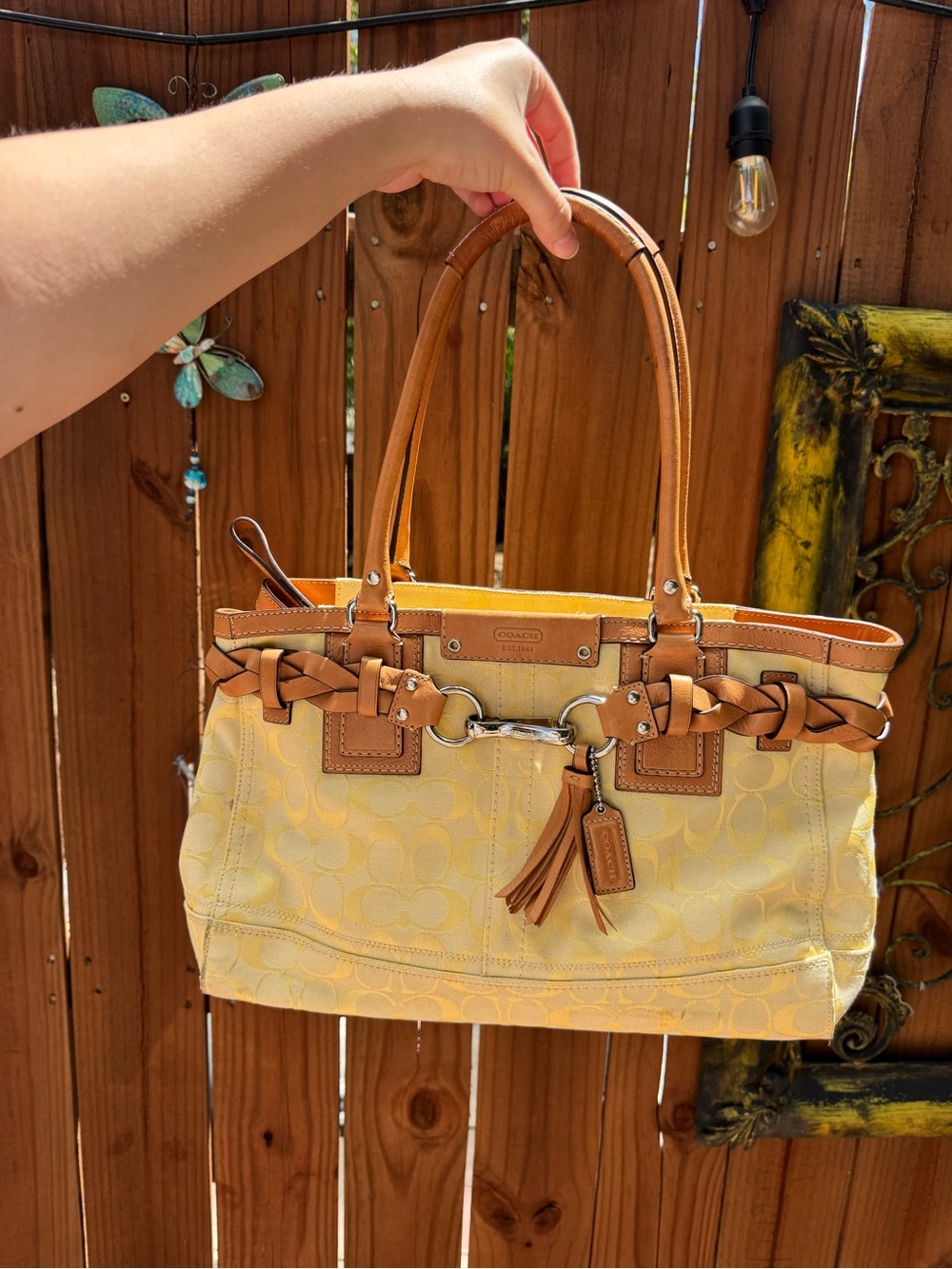 Coach Yellow Signature Canvas Shoulder Tote with Tan Leather Trim